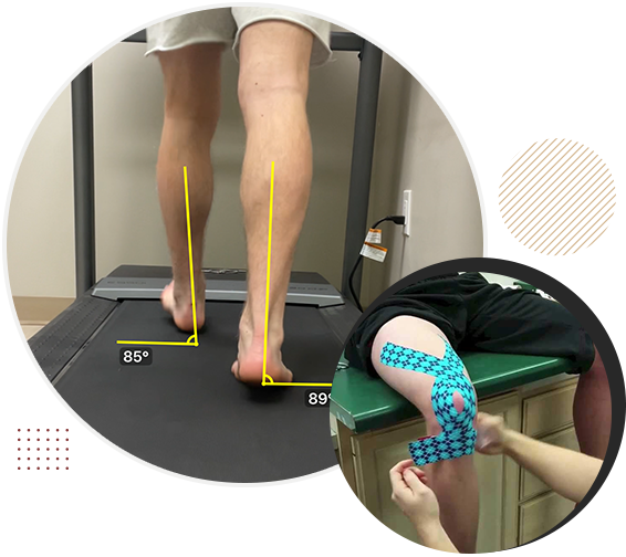 Assessing a client walking on a treadmill and applying tape to a knee.