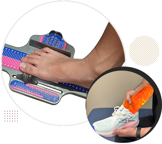 Measuring a foot and inserting a custom sole into footwear. 